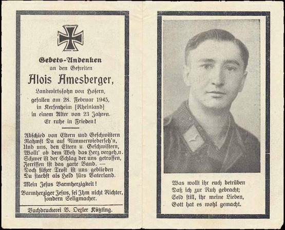 WW2 German Death Card Sterbebild Luftwaffe Kersenheim Rheinland 1945