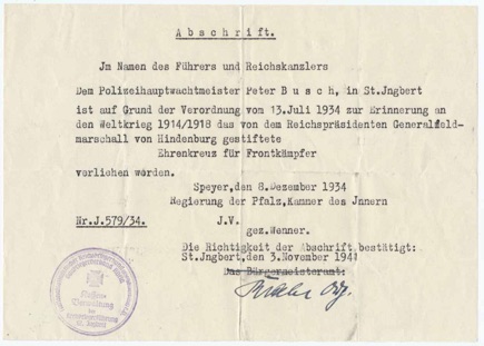 WW2 German Hindenburg Cross doc Busch Polizei Hauptwachtmeister