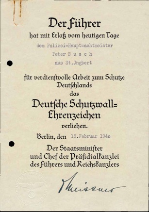 WW2 German Busch West Wall Medal large document Polizei