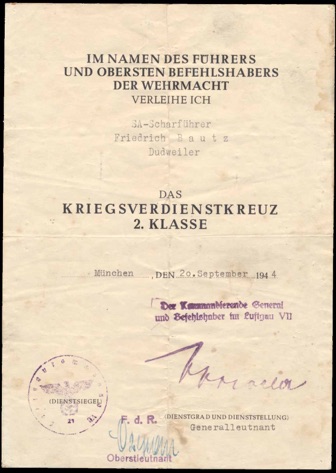 WW2 German War Service Cross 2nd Class Munich 1944 SA Document kriegsverdienstkreuz