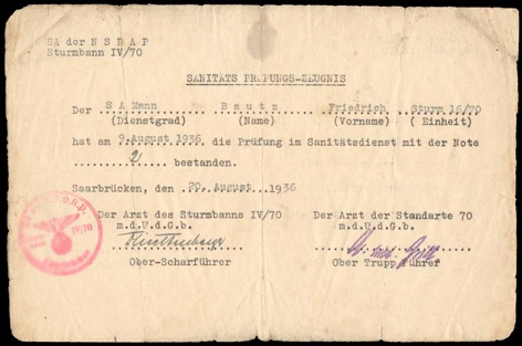 WW2 German SA Sturmabteilung Fitness certificate