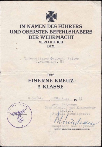 WW2 German document Iron Cross 2nd Class 36 Infanterie Division Kursk