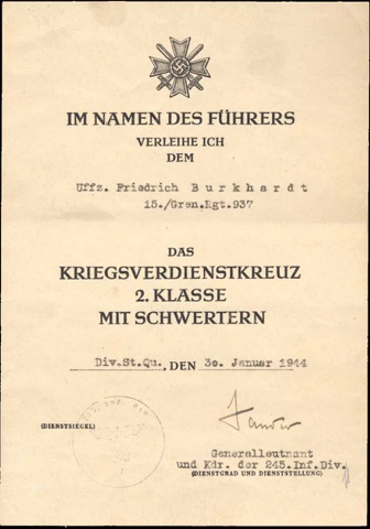 WW2 German Army War Service Cross Swords Document France Erwin Sander KC