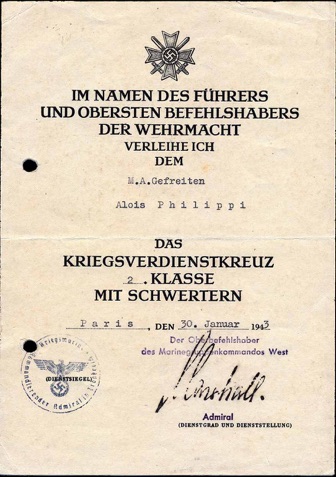 WW2 German Kriegsmarine War Service Cross Swords Document Marine Artillerie France