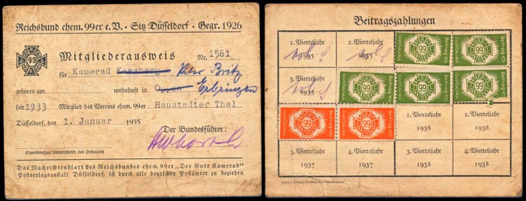 1935 German Reichsbund Ehemaliger 99er Bund Membership Ausweis Stamps