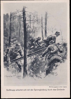 WW2 German Postcard rendering Stosstruppe in action
