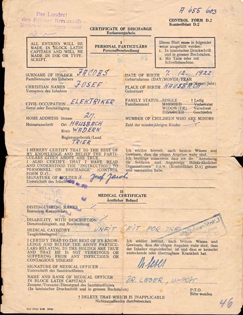 WW2 German Luftwaffe Soldbuch Josef Jakobs Discharge Certificate 1946