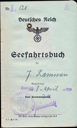 WW2 German Deutsches Reich Seefahrtbuch Josef Lamers MS Freiburg Hamburg Amerika Line