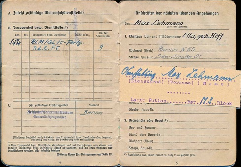 WW2 German Luftwaffe Soldbuch Oberstleutnant Lehmann RLM Reichs Luft Ministerium Berlin
