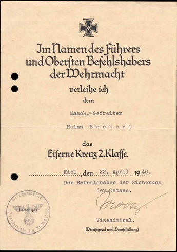 WW2 German Kriegsmarine Iron Cross 2nd Class Document Admiral Mootz signature