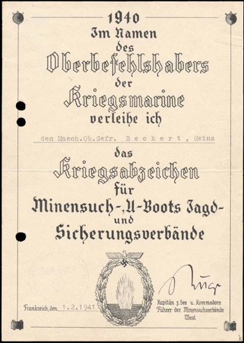 WW2 German Kriegsmarine Minesweeper Document signed Ruge 1941 Beckert