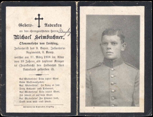 WW1 German Death Card Sterbebild Bavarian Infantry Consenvoye France 1916
