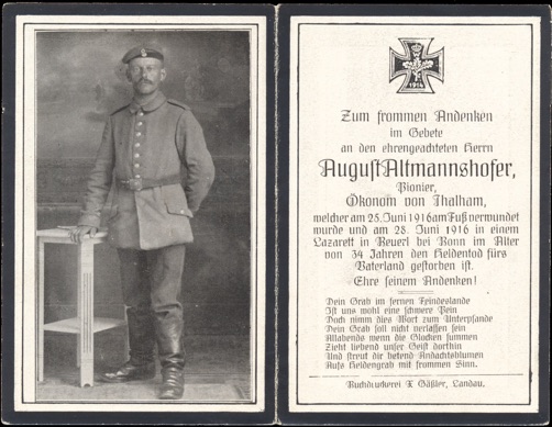 WW1 German Death Card Sterbebild Wounded feet and died Bonn 1916