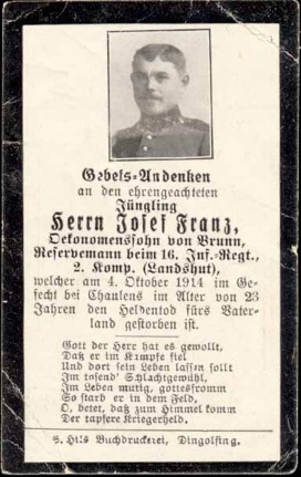 WW1 German Death Card Sterbebild Chaulens 1914 Infantry Regiment 16