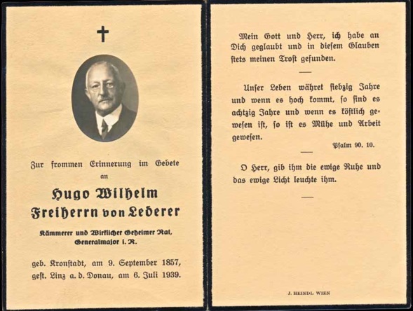 WW1 German Death Card Sterbebild Generalmajor Freiherr von Lederer