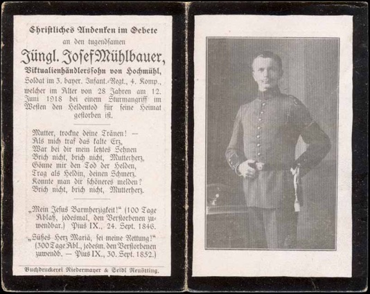 WW1 German Death Card Sterbebild Bavarian killed assault in Vauzbin 1918