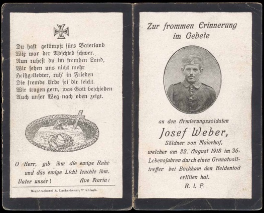 WW1 German Death Card Sterbebild Professional Soldier Bockham 1918