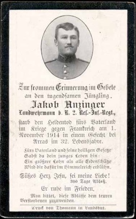 WW1 German Death Card Sterbebild Arras November 1914