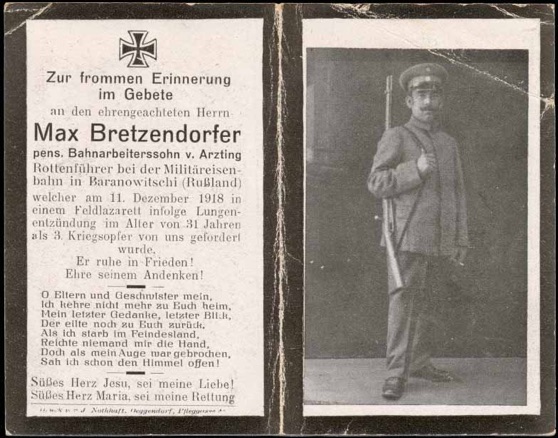 WW1 German Death Card Sterbebild Railway Sergeant Baranowitschi Russia 1918