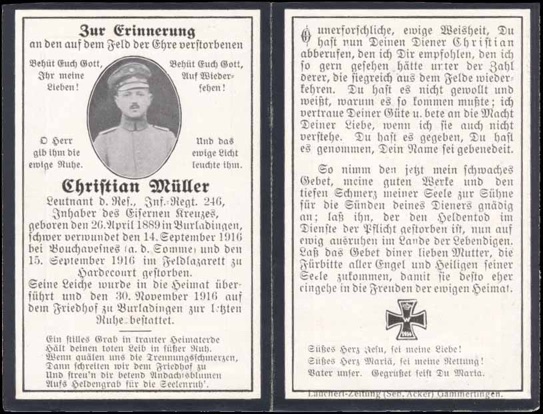 WW1 German Death Card Sterbebild Officer Leutnant KIA Somme