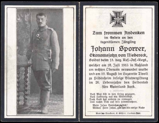 WW1 German Death Card Sterbebild  Russia 1915 blood poisoning