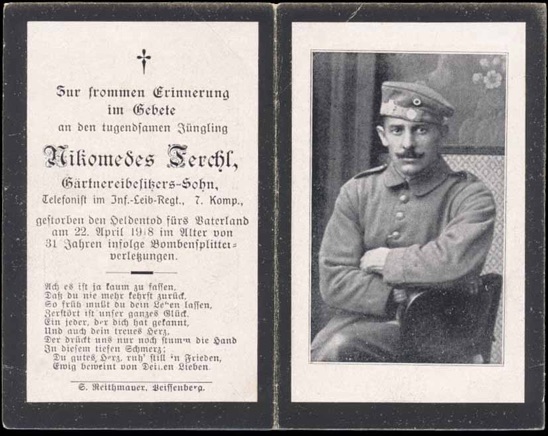 WW1 German Death Card Sterbebild Wambreichies 1918 shrapnel