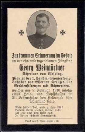 WW1 German Death Card Sterbebild Pionier Iron Cross Billy Montigny