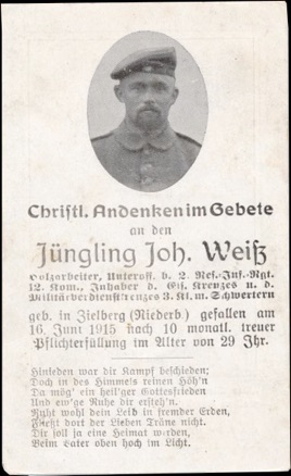 WW1 German Death Card Sterbebild Unteroffizier Iron Cross Zielberg 1915