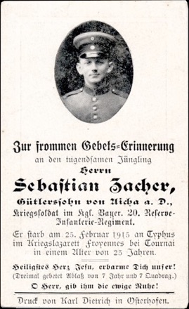 WW1 German Death Card Sterbebild Typhus Cournai France 1915