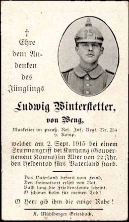 WW1 German Death Card Sterbebild Prussian Assault Kurhang 1915