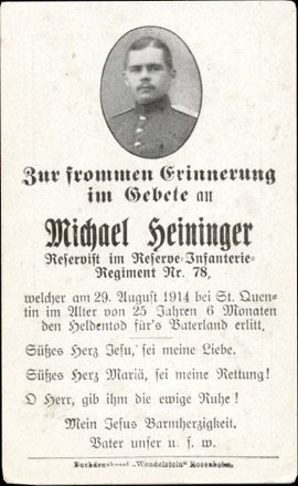 WW1 German Death Card Sterbebild St. Quentin 1914