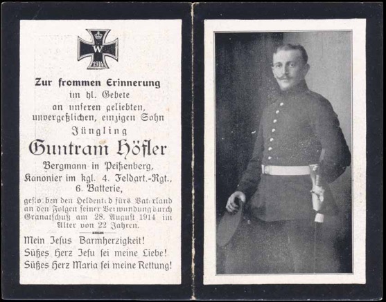 WW1 German Death Card Sterbebild Field Artillery Bermourtier France 1914