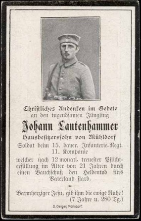WW1 German Death Card Sterbebild. Bavarian 15 Infantry shot stomach