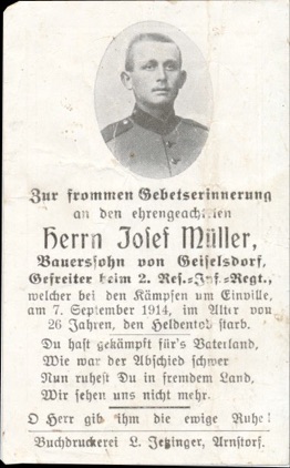 WW1 German Death Card Sterbebild Einville Maixe 1914 Gefreiter