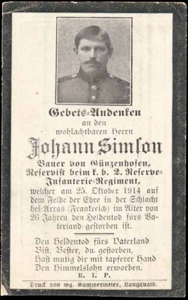 WW1 German Death Card Sterbebild Infantry Arras 1914