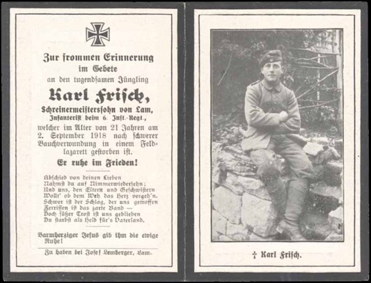 WW1 German Death Card Sterbebild St Quentin shot in stomach 1918