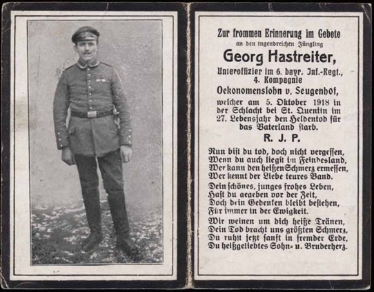 WW1 German Death Card Sterbebild NCO St Quentin 1918