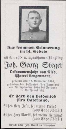 WW1 German Death Card Sterbebild KIA Peronne France 1914
