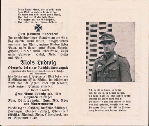 WW2 German Death Card Sterbebild Afrika Korps El Alamein Egypt Tiefflieger
