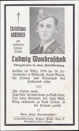 WW2 German Death Card Sterbebild Luftwaffe Buederich Meers Germany March 1945