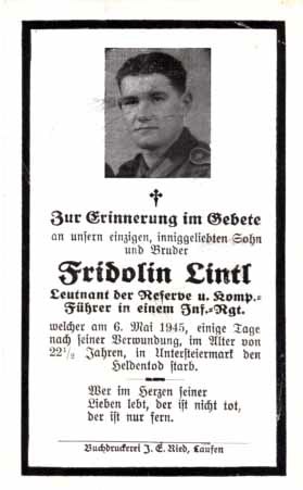 WW2 Army Death Card Leutnant 1945 Untersteiermark