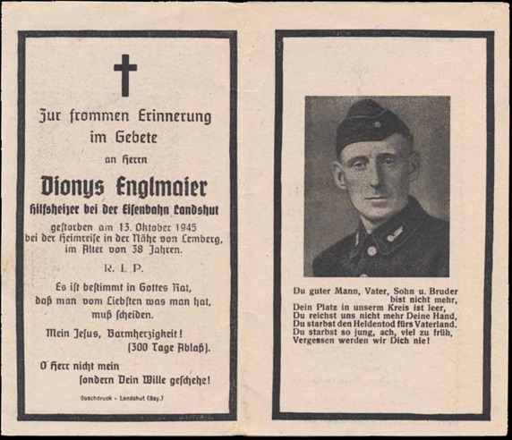 WW2 German Death Card Sterbebild Railway Fire Stoker 1945 Lemberg