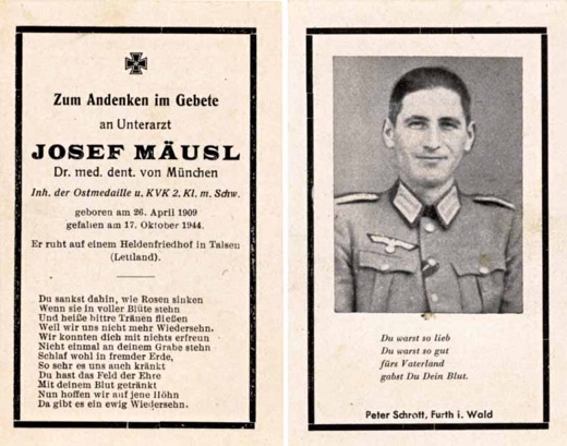 WW2 German Death Card Sterbebild Army Unterarzt Dr. Maeusl Latvia 1944