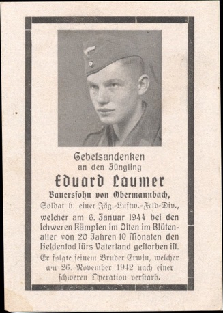WW2 German Death Card Sterbebild Luftwaffe Feld Division 6 Strini 1944