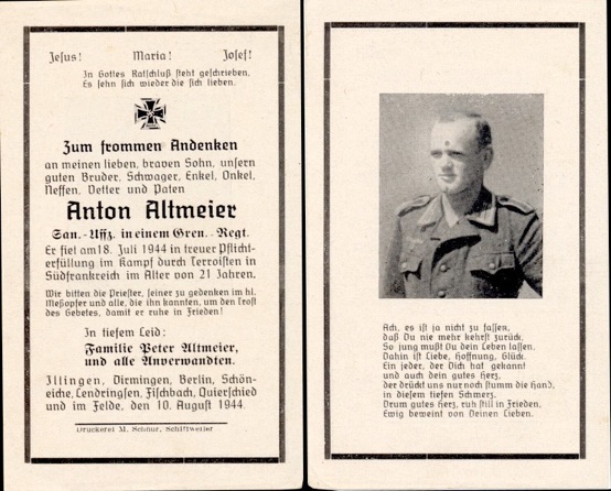 WW2 German Death Card Sterbebild Medic Thorame Haute France July 18 1944