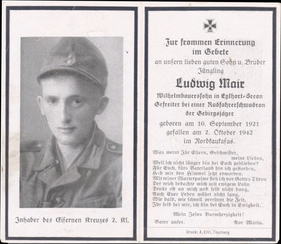 WW2 German Death Card Sterbebild Bicycle Squadron Mountain Troops Caucasus