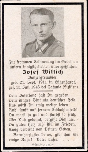 WW2 German Death Card Sterbebild Panzergrenadier Catania Sicily July 1943
