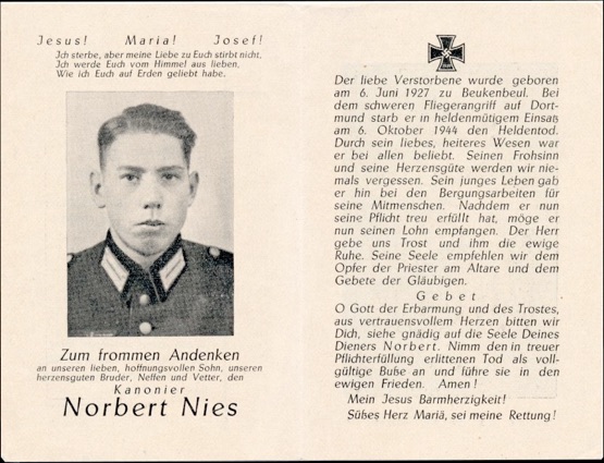 WW2 German Death Card Sterbebild Luftwaffe Flak Aerial Attack Dortmund October 1944