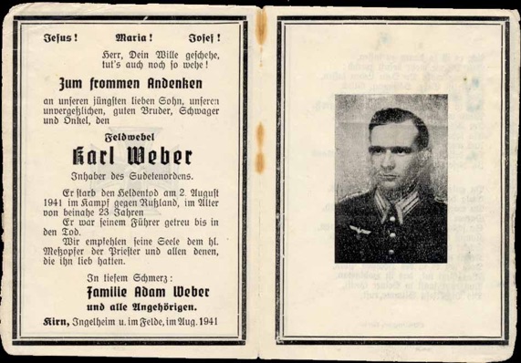 WW2 German Death Card Sterbebild Feldwebel Shitomir 1942 Infantry Regt 160