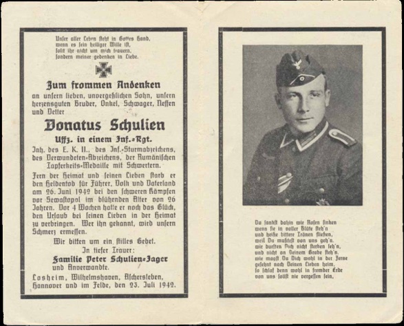 WW2 German Death Card Sterbebild Infantry Sewastopol 1942